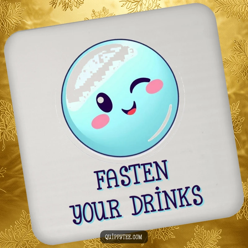 Funny winking button character energetically zipping across a seam, bringing playful humor to drink coasters.
