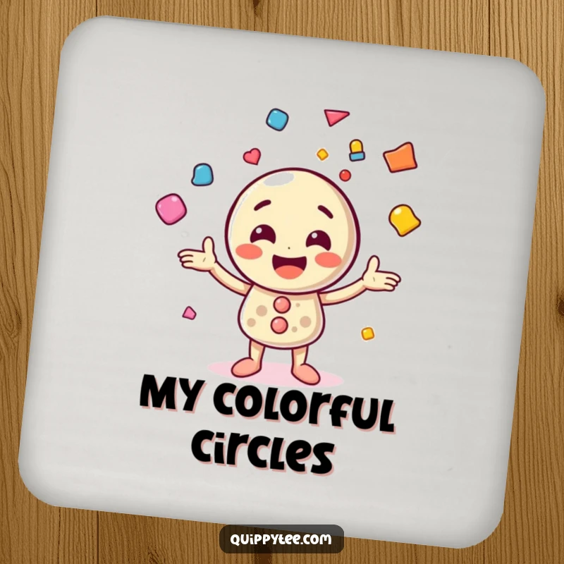 Funny coaster set featuring a cheerful button character juggling colorful shapes, providing stylish protection with a playful vibe.