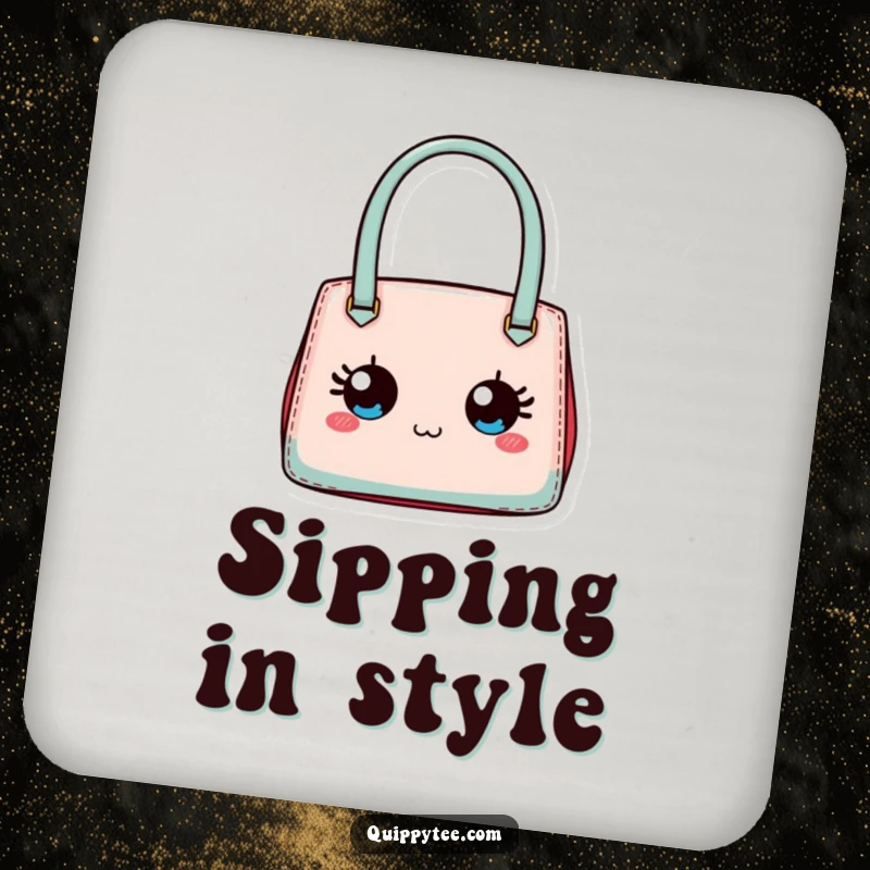 Funny drink coaster with a tiny designer handbag with expressive eyes, protecting surfaces with style.
