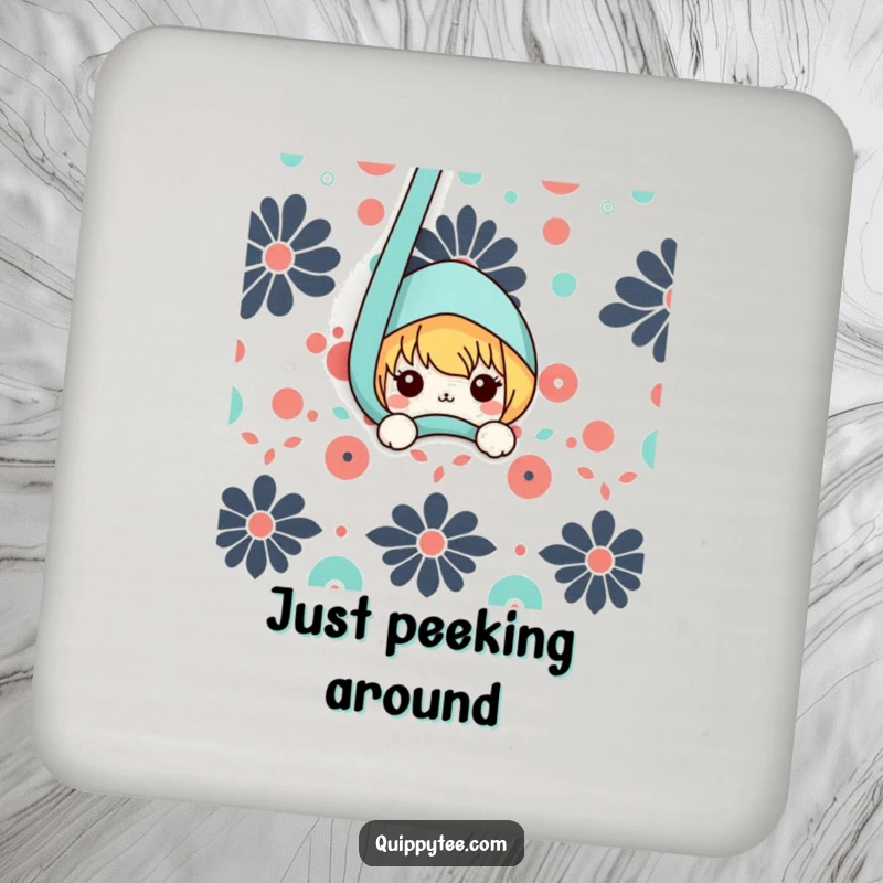 Funny drink coasters featuring kawaii characters peeking from patterned fabric, offering playful protection for surfaces.