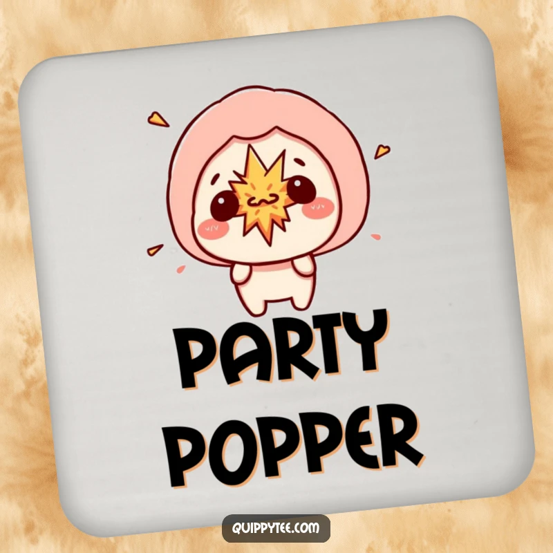 Funny kawaii character with a speech bubble showing a small explosion, adding a humorous and protective touch to drink coasters.