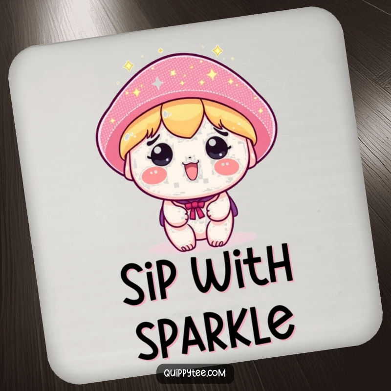 Funny drink coasters showcasing a kawaii character with a comically large, sparkly hat, adding festive cheer to any beverage.