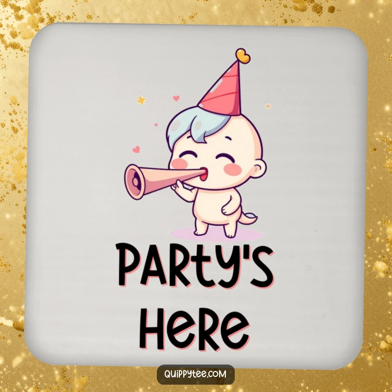 Funny Party Coaster: An excited character blows a party horn, protecting surfaces with festive flair.