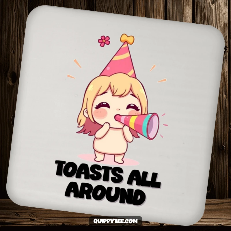 Funny Drink Coaster with an excited character in a party hat, blowing a party horn, adding festive flair to drink protection.