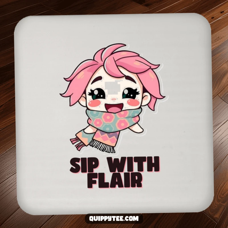 Funny Coaster: A happy character with a wide smile proudly displays a flamboyant patterned scarf, protecting your surfaces with style.