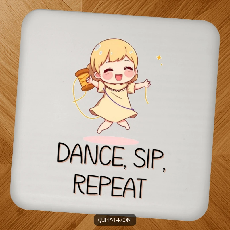 Funny drink coaster with a character doing a joyful dance with a spool of shimmering thread, adding humor to table protection.