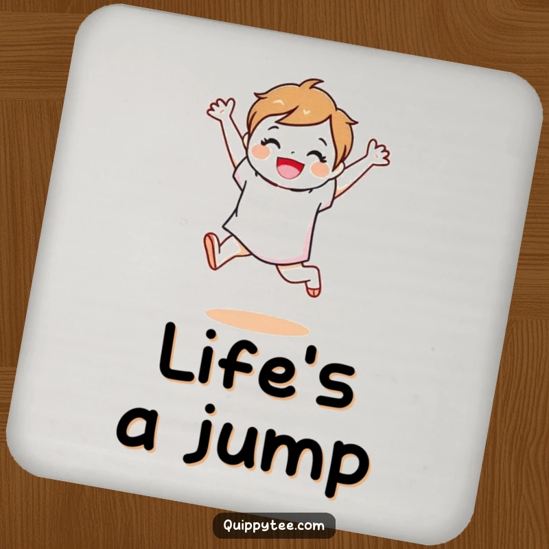 Funny fabric swatch character in a joyful leap, printed on a protective and decorative drink coaster.