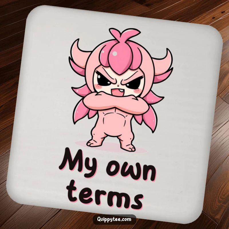 Funny drink coaster with a cute Kawaii character in a defiant pose with crossed arms, adding adorable attitude and protection.