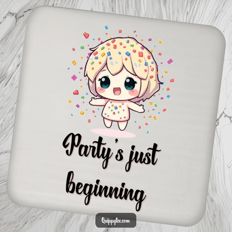 Funny Drink Coasters: Set featuring a confetti sprite showering colorful pieces, adding playful protection to tabletops.