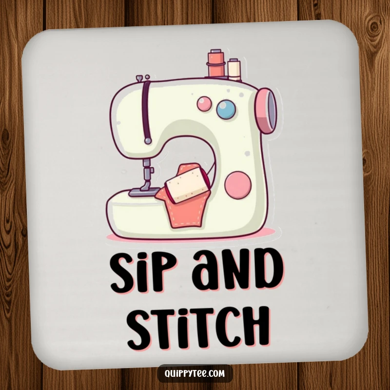 Funny drink coasters showing a happy sewing machine and bobbin, offering surface protection with a humorous and charming design for crafters.