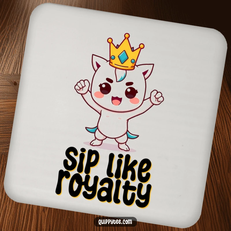 Funny kawaii character striking a powerful pose, wearing a tiny crown, protecting surfaces with regal humor on a drink coaster.