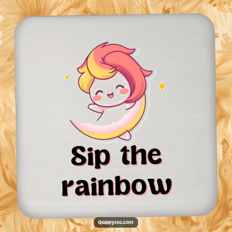 Funny Drink Coaster: A vibrant rainbow swirl character twirling happily, adding color and surface protection.