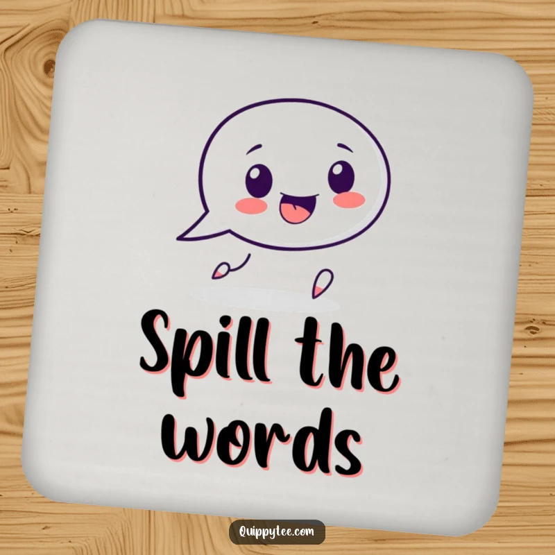 Funny speech bubble character drink coaster, playfully chasing a punctuation mark, bringing conversational flair and surface protection.