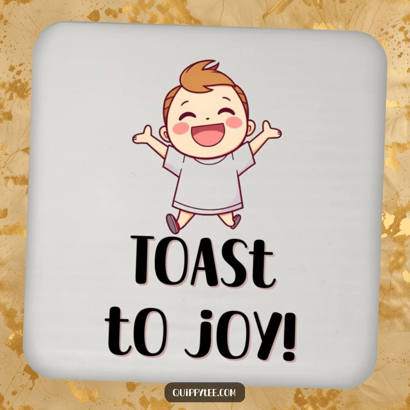 Funny Coaster: Smiling character in a speech bubble shirt, jumping for joy, a cheerful and protective table accessory.