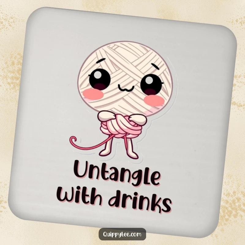Funny happy thread character playfully tying itself into a knot, bringing cheerful humor to drink coasters.