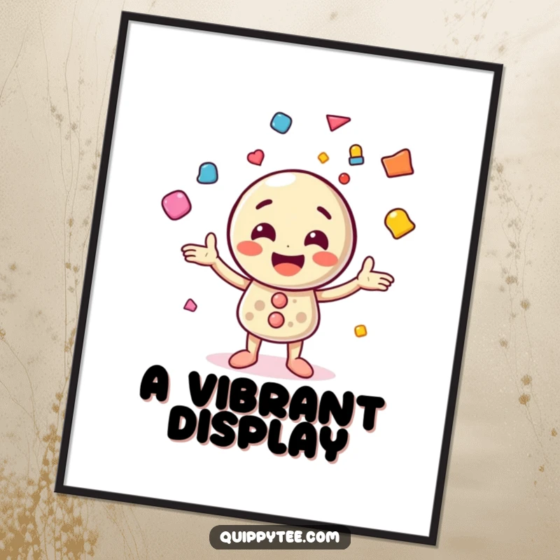 Funny poster art of a joyful button character juggling a vibrant array of colorful shapes, creating a dynamic and playful visual.