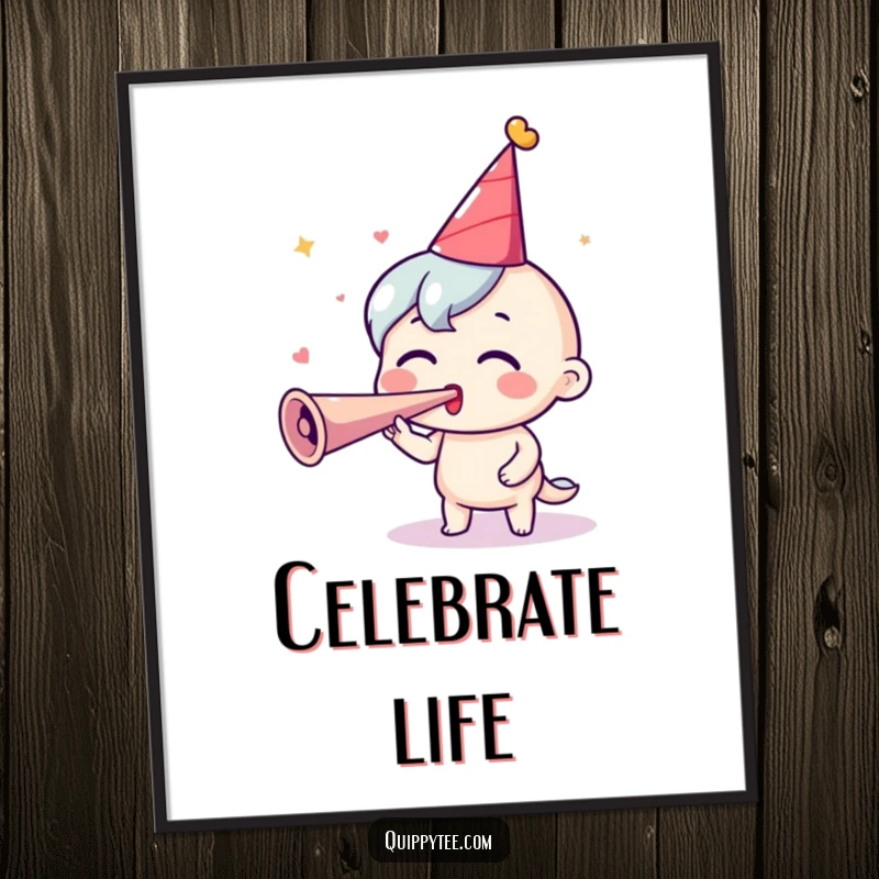 Funny Party Poster: An excited character in a party hat blows a horn, bringing vibrant celebration to wall art.