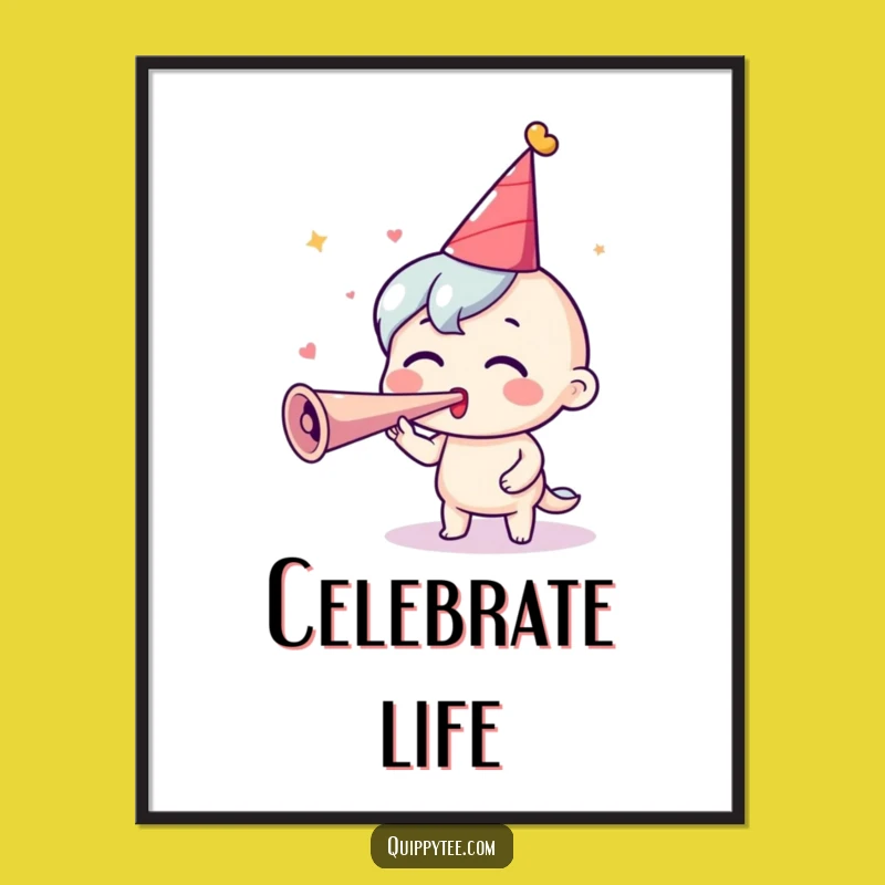 Funny Party Poster: Excited Horn Blower Art, Hilarious Funny Gift for Decor