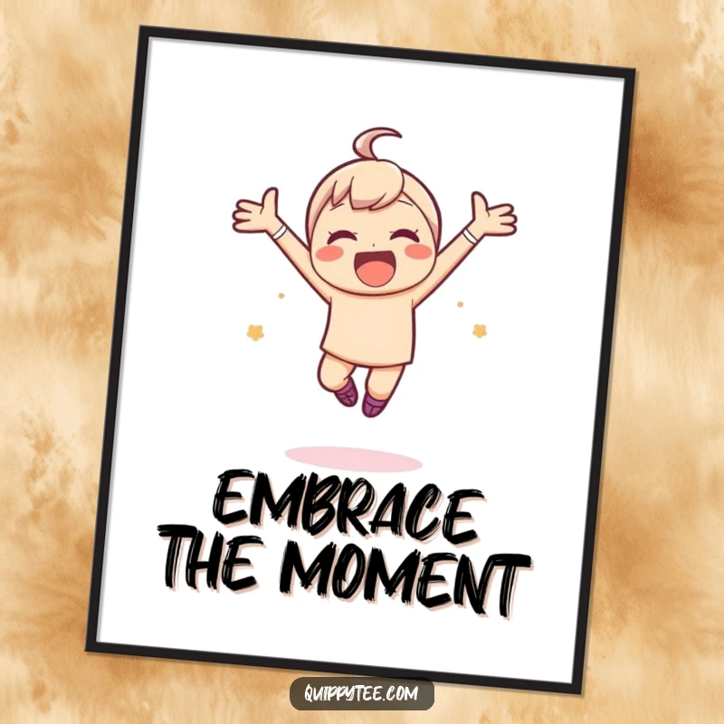 Funny poster art of a kawaii character leaping joyfully with arms spread wide, embodying pure elation and the spirit of freedom.