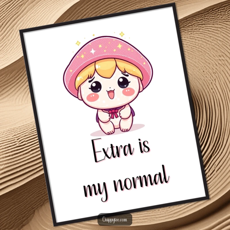 Funny poster art of a kawaii character wearing a massive, glittering hat, radiating joy and celebratory vibes.