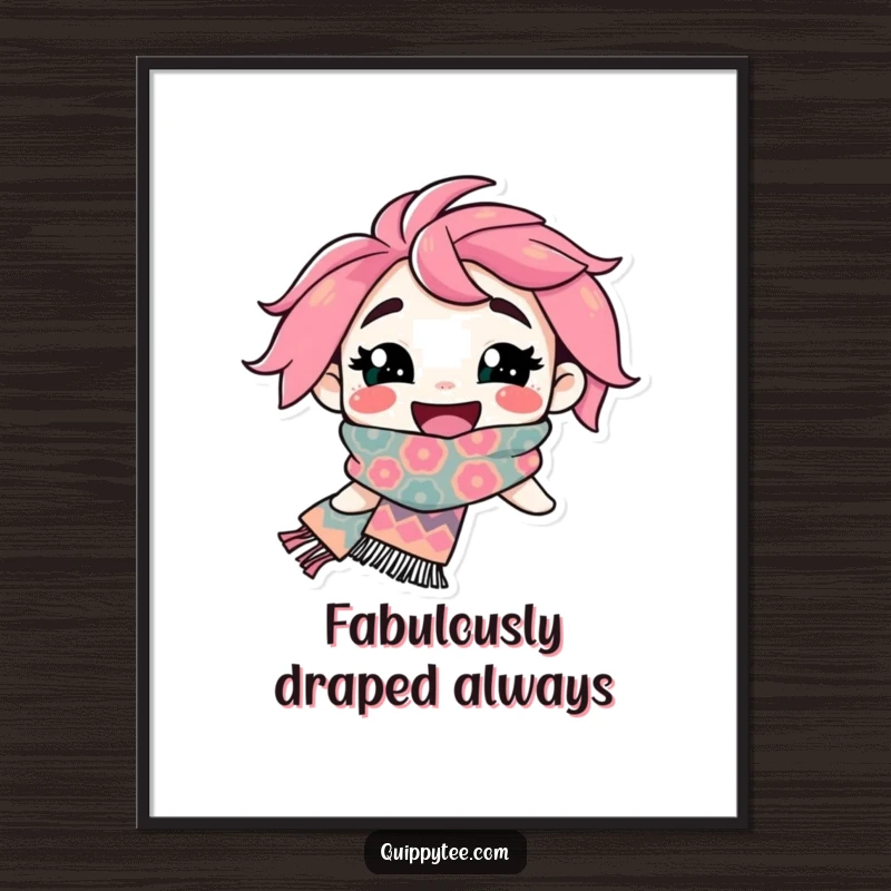 Funny Poster: A character radiates happiness with a wide smile, showcasing an extravagant, patterned scarf in a lively artwork.