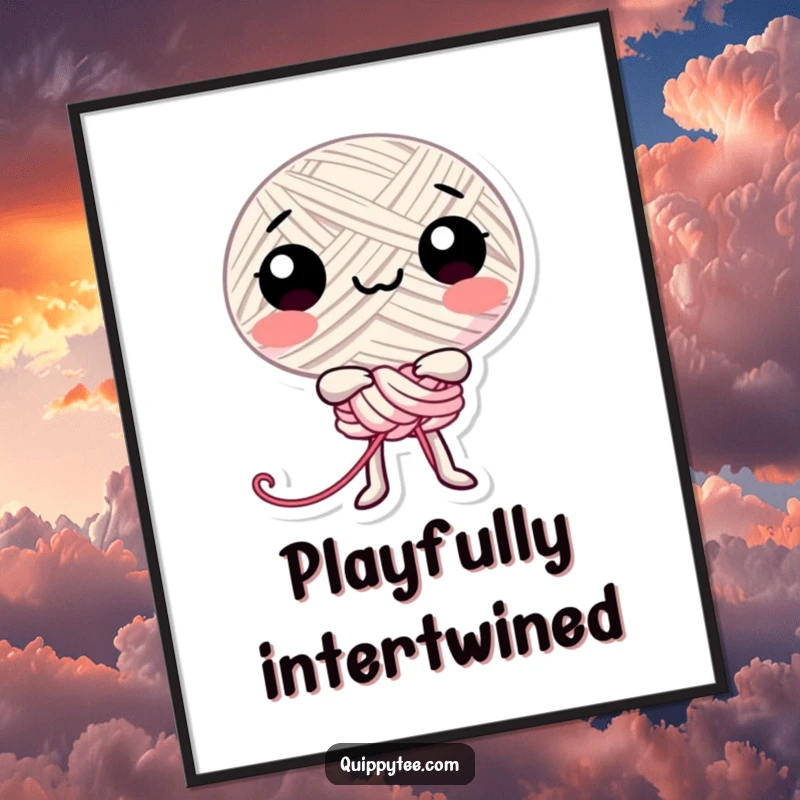 Funny happy thread character playfully tying itself into a knot, creating whimsical and humorous wall art on a poster.