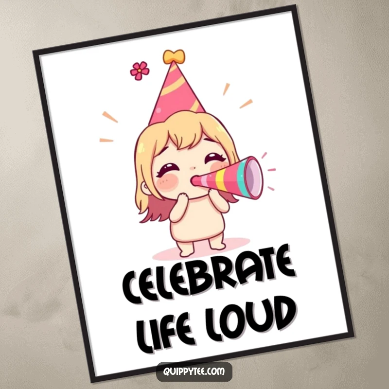 Funny Poster of an excited character in a party hat, blowing a loud party horn in a moment of pure celebration.
