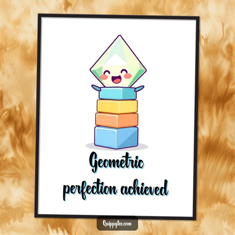 Funny poster print of a giggling diamond character meticulously stacking colorful blocks, capturing a moment of pure, child-like delight.