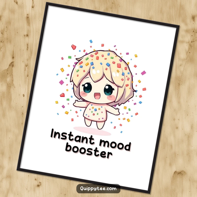 Funny Poster: A dynamic confetti sprite character showering a shower of vivid, colorful pieces, bringing festive energy to any wall.