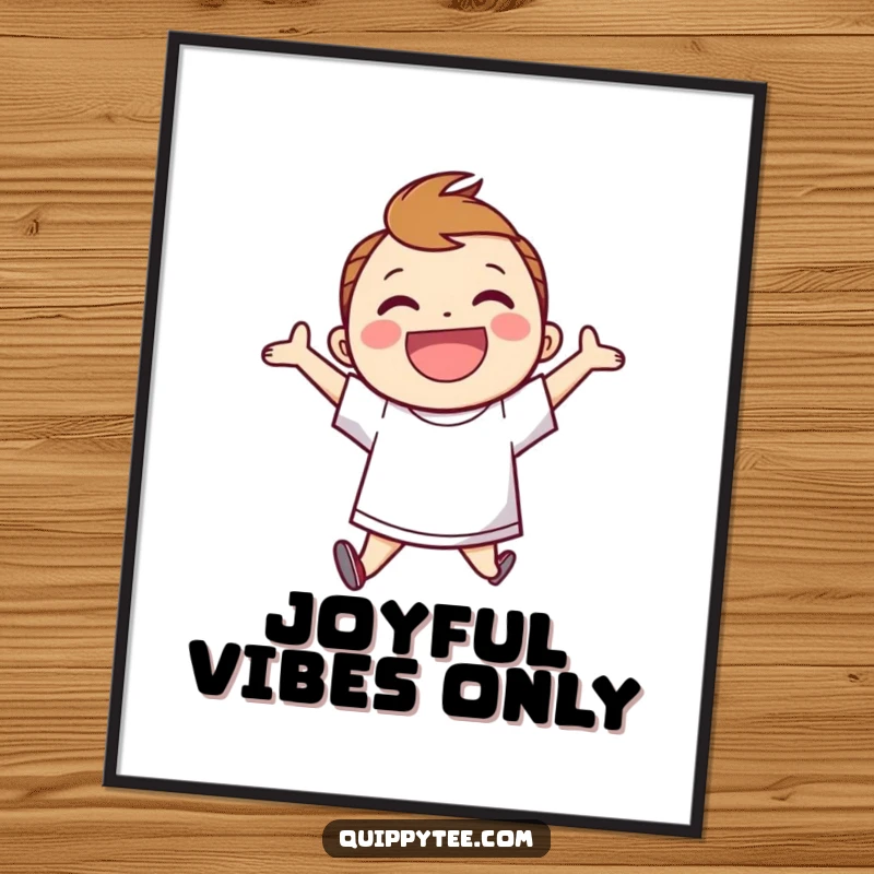 Funny Poster: Smiling character in a speech bubble shirt, jumping for joy, adding a burst of happiness to your decor.
