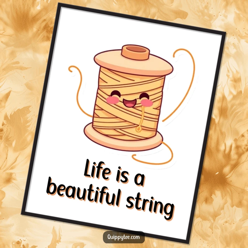 Funny poster art of a smiling spool of thread character joyfully unwinding, symbolizing the fun of crafting.