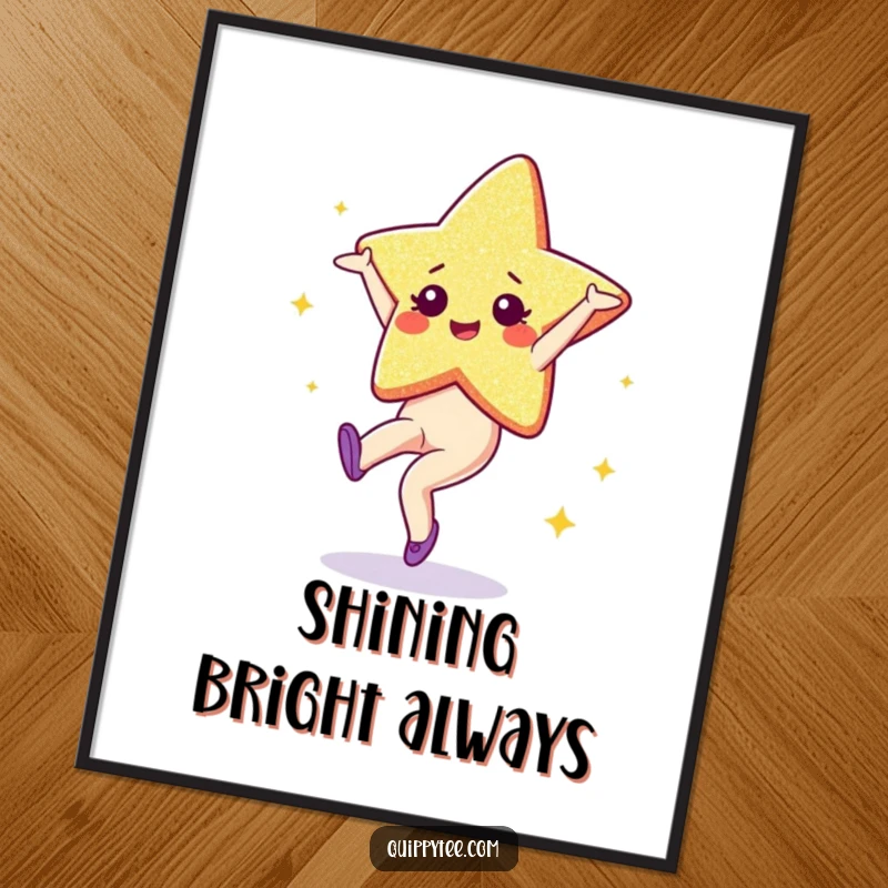 Funny Poster: A dazzling glitter star character in mid-cartwheel, radiating sparkle and dynamic energy on any wall.