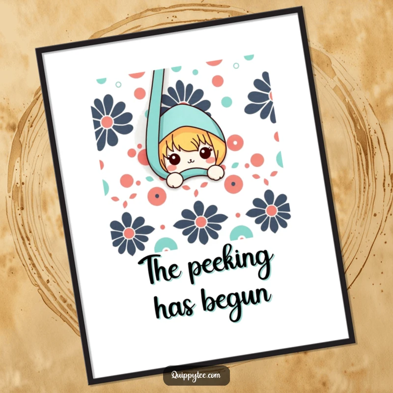 Funny poster decor featuring a curious kawaii character peeking from behind a large, intricately patterned fabric, creating a sense of playful discovery.