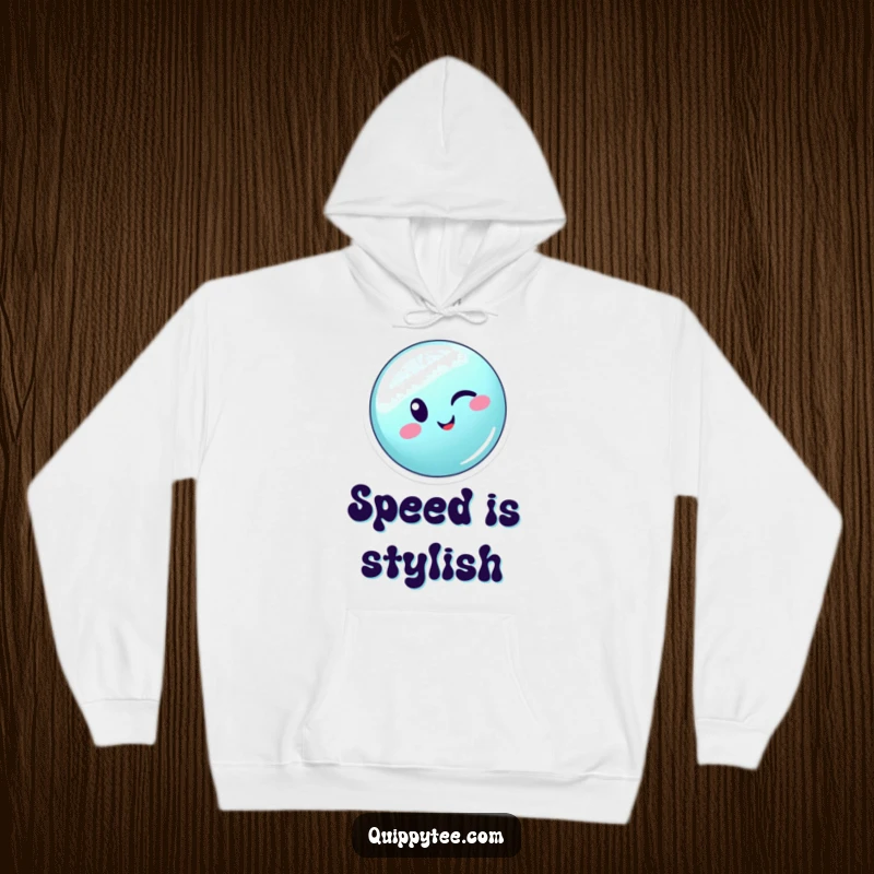 Funny winking button character zipping energetically across a seam, bringing fun and warmth to this hoodie.