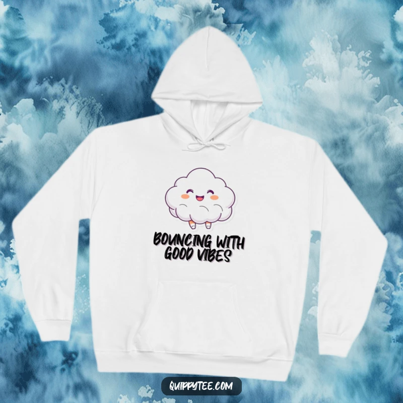 Funny hoodie featuring a smiling, bouncing cloud character, perfect for spreading warmth and happiness.