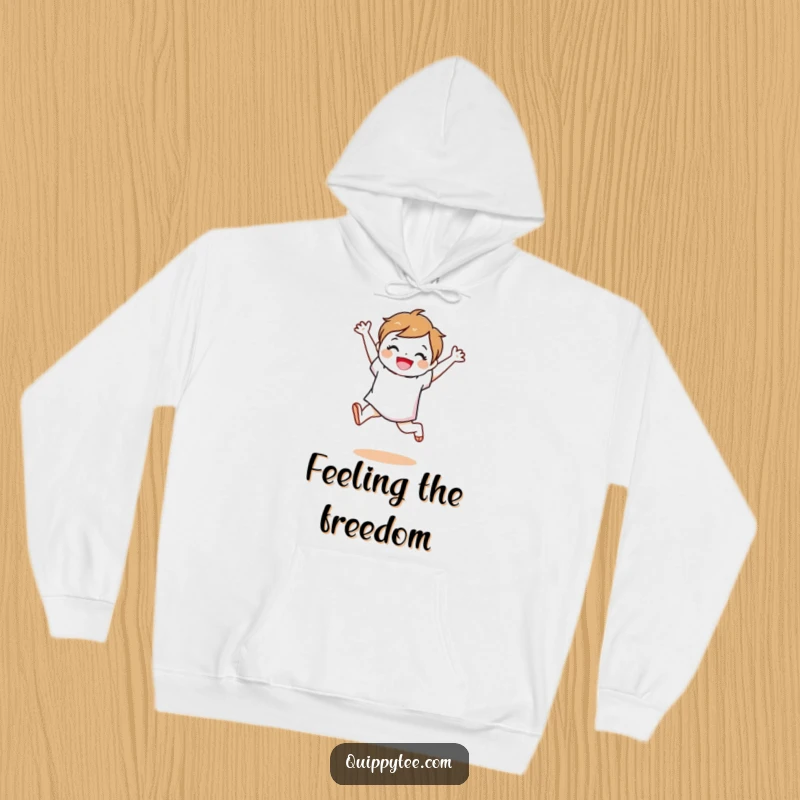 Funny fabric swatch character captured mid-leap with exaggerated joy, a soft and cozy hoodie design.