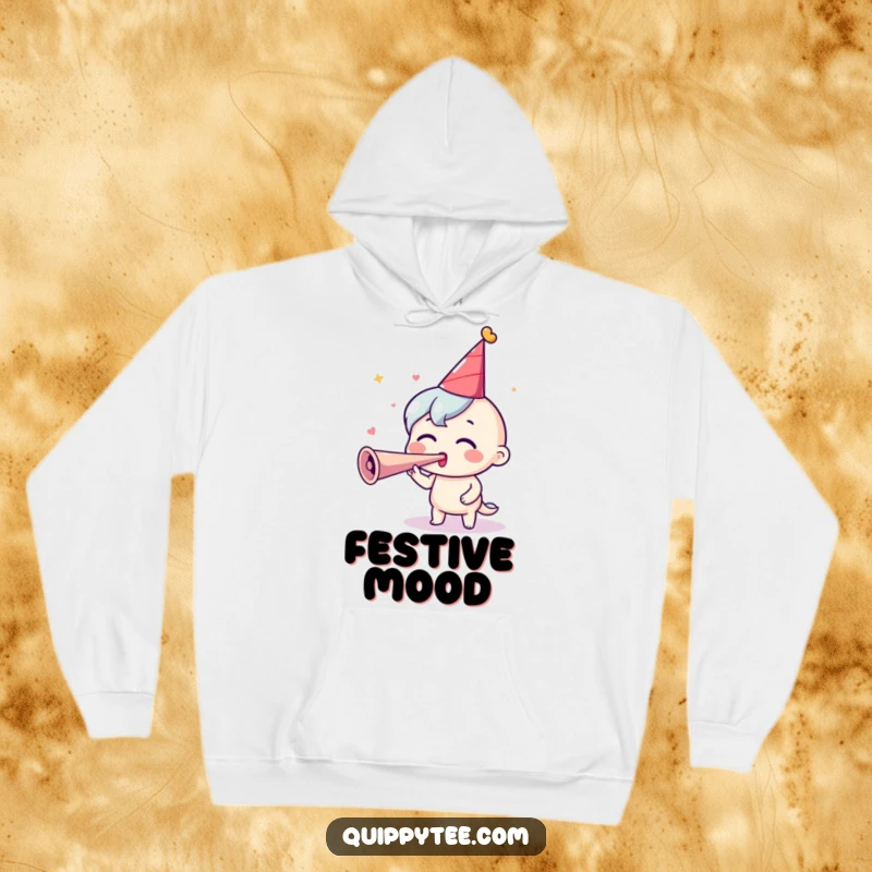 Funny Party Hoodie: An excited character in a party hat blows a horn, offering cozy warmth and festive cheer.