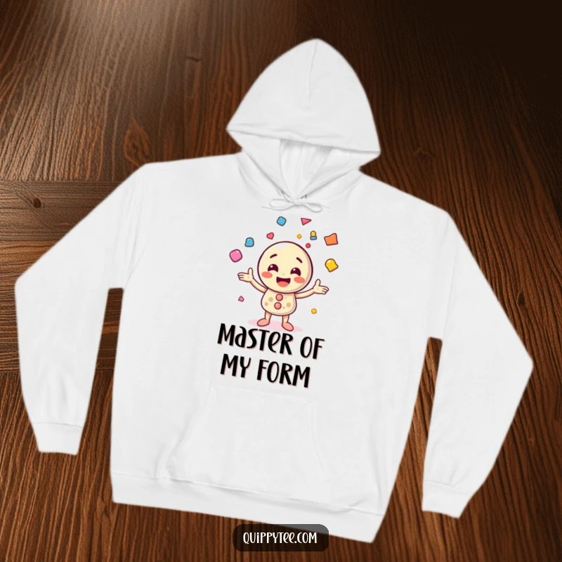 Funny hoodie featuring a smiling button character skillfully juggling multiple colorful shapes, perfect for cozy, fun-filled days.