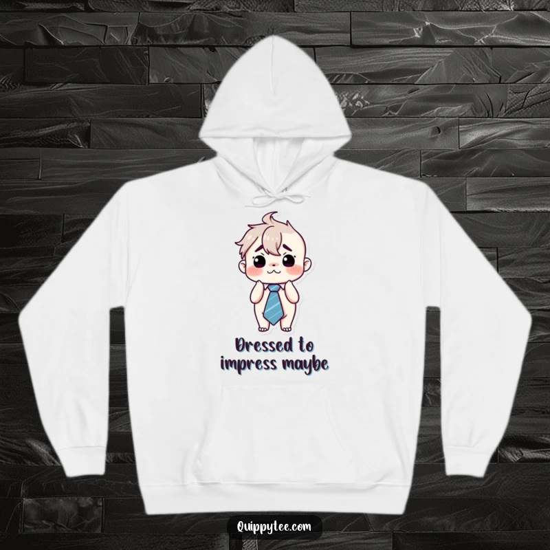 Funny kawaii character looking flustered and stressed, wearing an oversized tie, ideal for a cozy hoodie that expresses relatable humor.