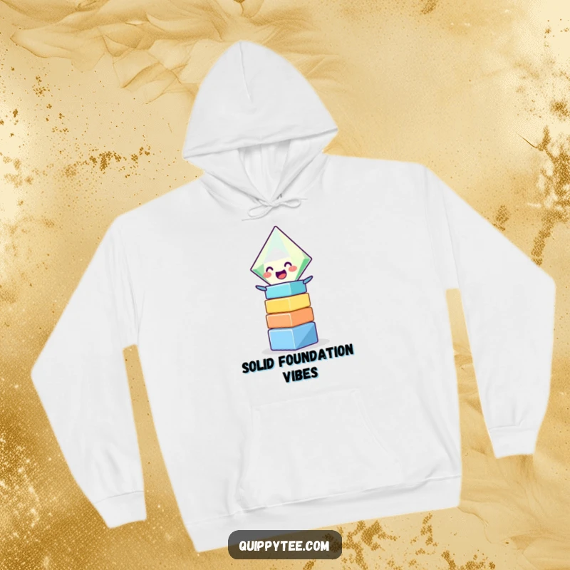 Funny hoodie showcasing a happy diamond character stacking colorful toy blocks with a big, infectious giggle, perfect for cozy amusement.