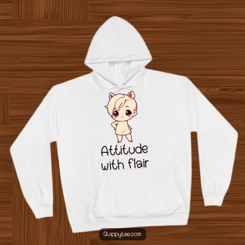 Funny hoodie featuring a cute Kawaii character in a sassy pose, one hand on hip, exuding adorable charm and self-assuredness.