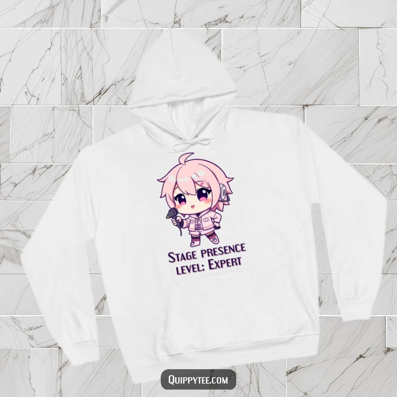 Funny hoodie featuring a kawaii character in a confident pose with a microphone, embodying musical passion and cozy comfort.