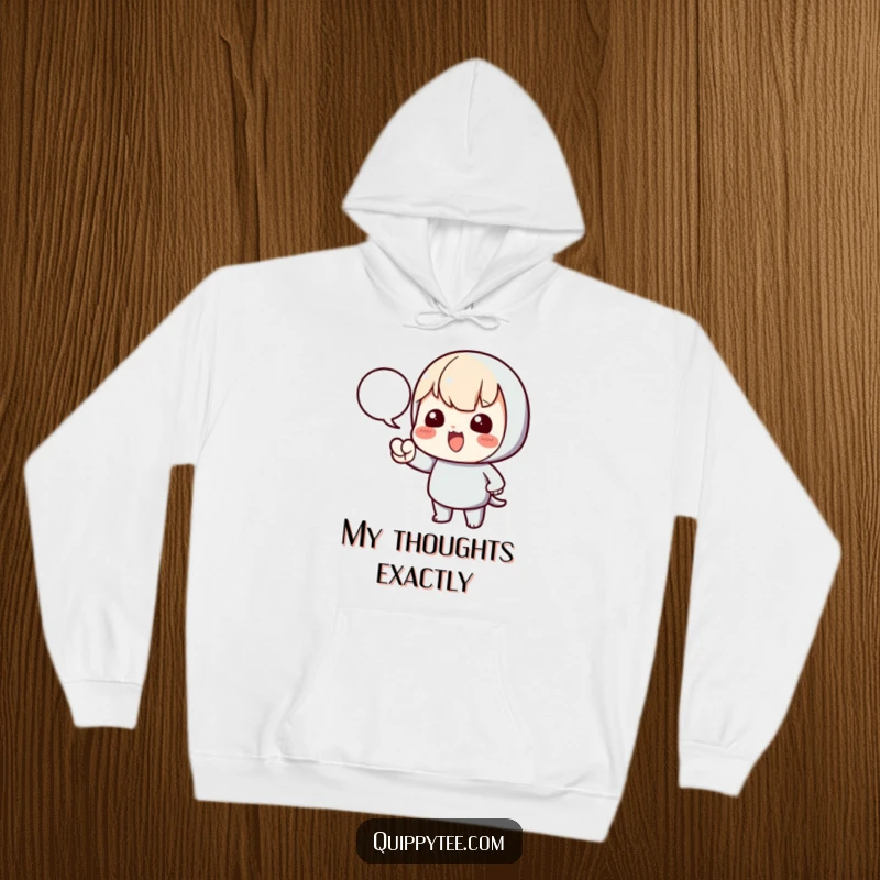 Funny hoodie with a kawaii character dramatically pointing at a speech bubble, embodying assertive communication and cozy warmth.