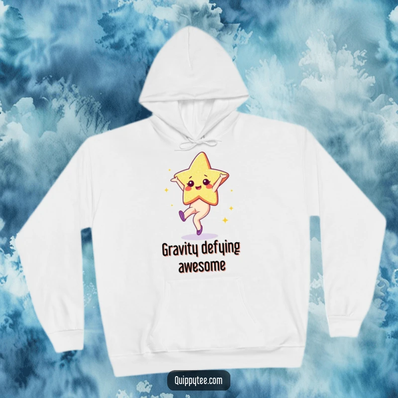 Funny Hoodie: A glittering star character performing a cartwheel, offering cozy warmth and a touch of celestial fun.