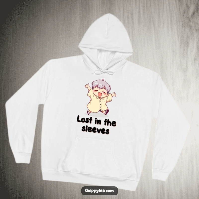 Funny hoodie with a cute kawaii character comically tripping while wearing a giant shirt, offering comfort and a dose of relatable humor.