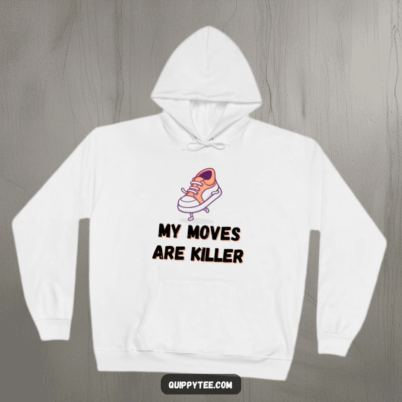 Funny hoodie featuring a tiny shoe character performing a silly dance, perfect for adding cozy, playful vibes.