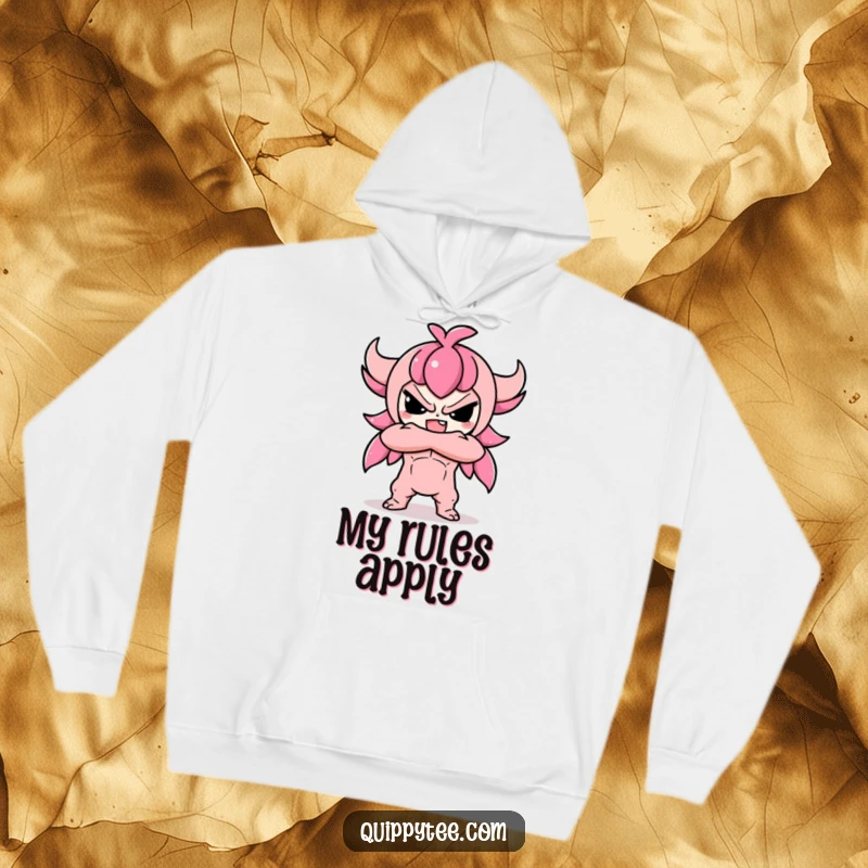 Funny hoodie featuring a cute Kawaii character in a defiant pose, arms crossed, exuding adorable sass and strength.