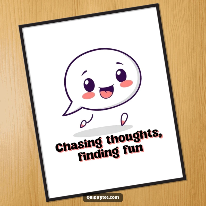 Funny free printable wall art of a speech bubble character playfully pursuing punctuation, perfect for adding witty charm to any space.
