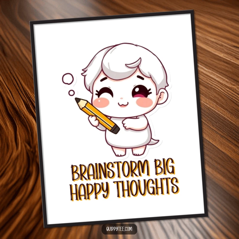 Funny Free Printable Wall Art: A character with a cheeky grin holds a pencil, with a thought bubble above their head.