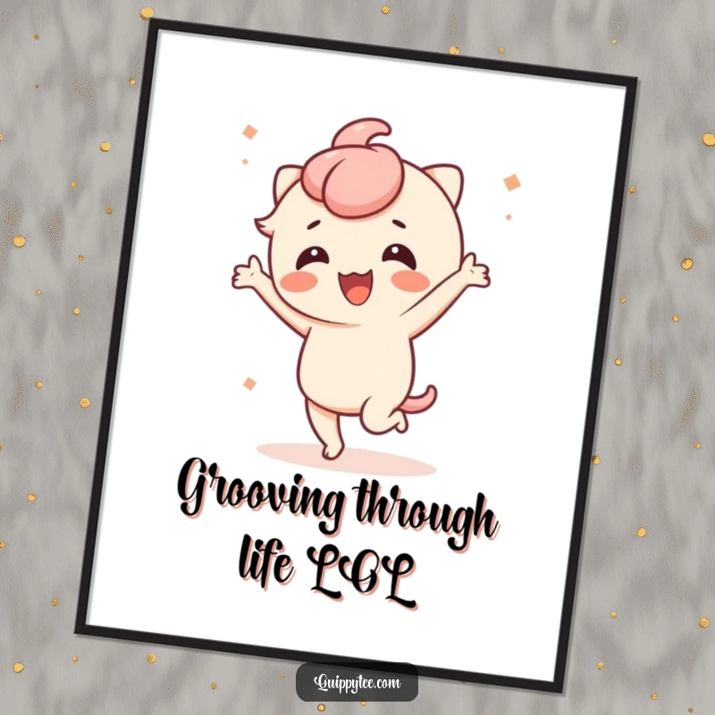 Funny Free Printable Wall Art of a Kawaii character dancing with infectious energy and a happy, amused expression.